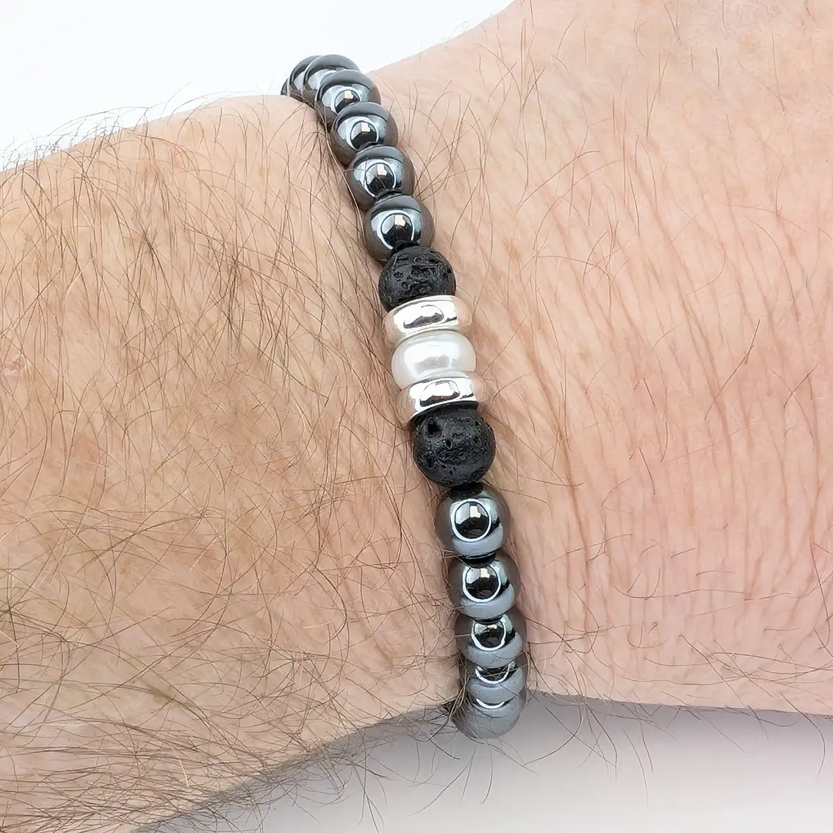 Men's Haematite, Pearl and Lava Rock Bracelet - Image 4