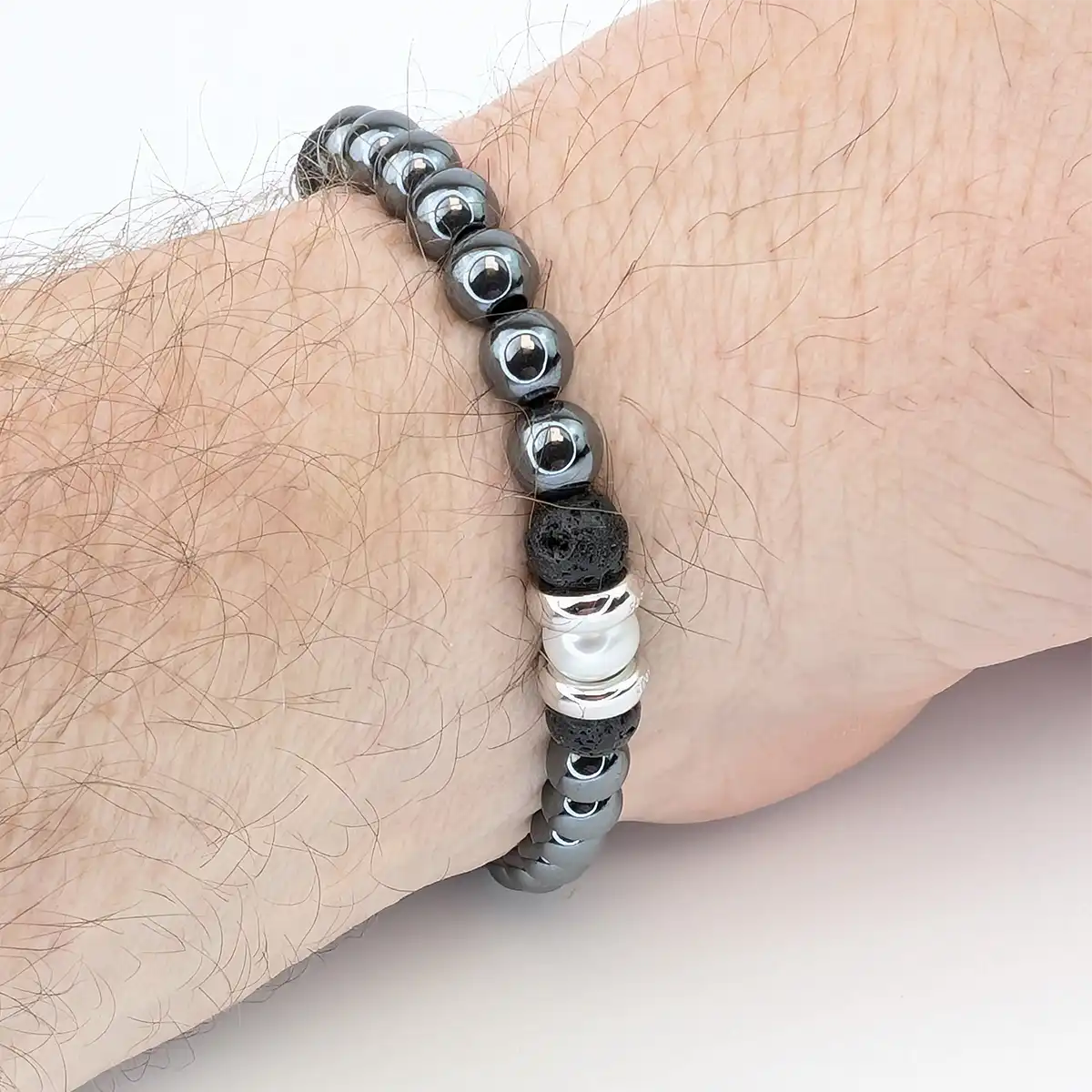 Men's Haematite, Pearl and Lava Rock Bracelet - Image 3