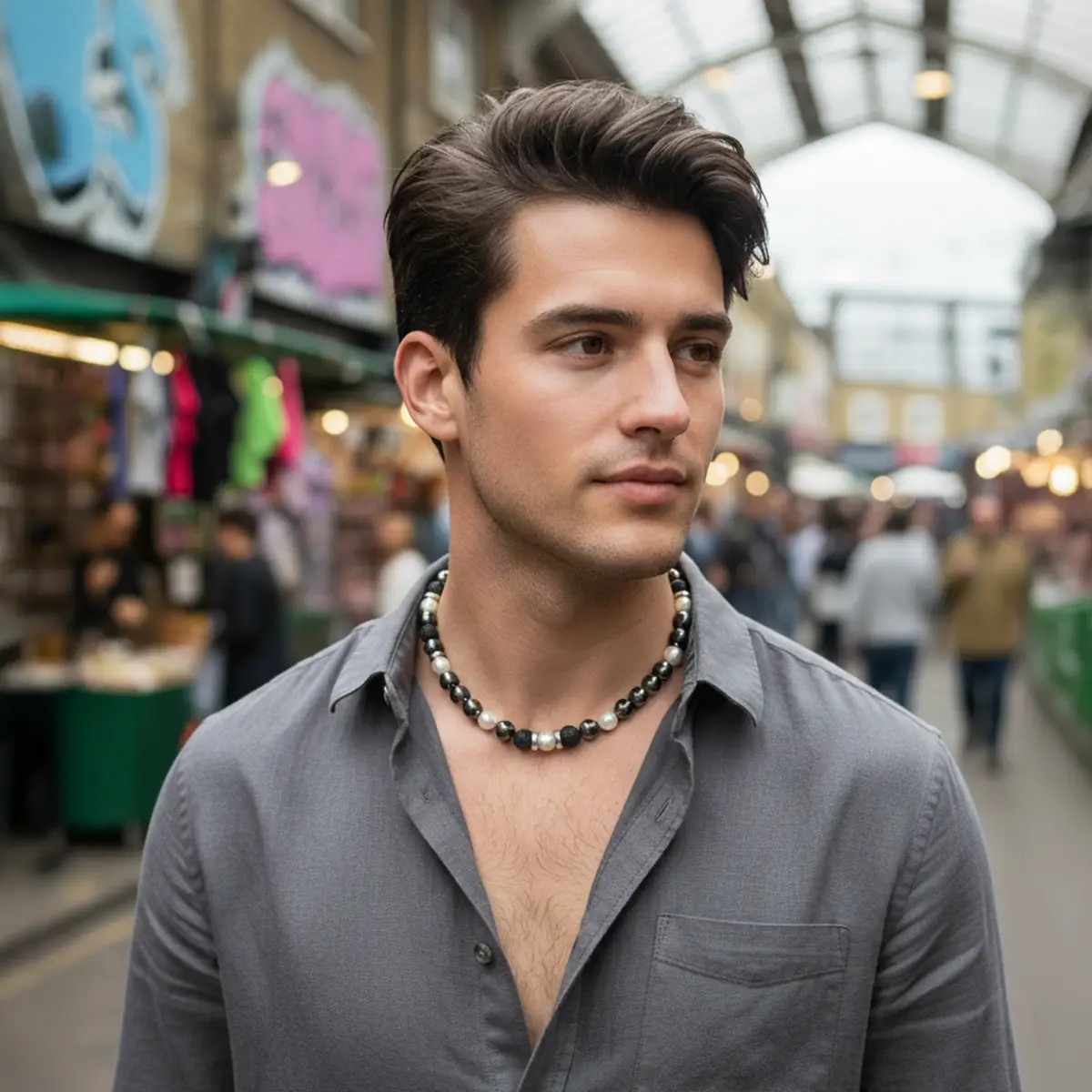 Haematite, Silver, Pearl and Volcanic Lava Rock Necklace