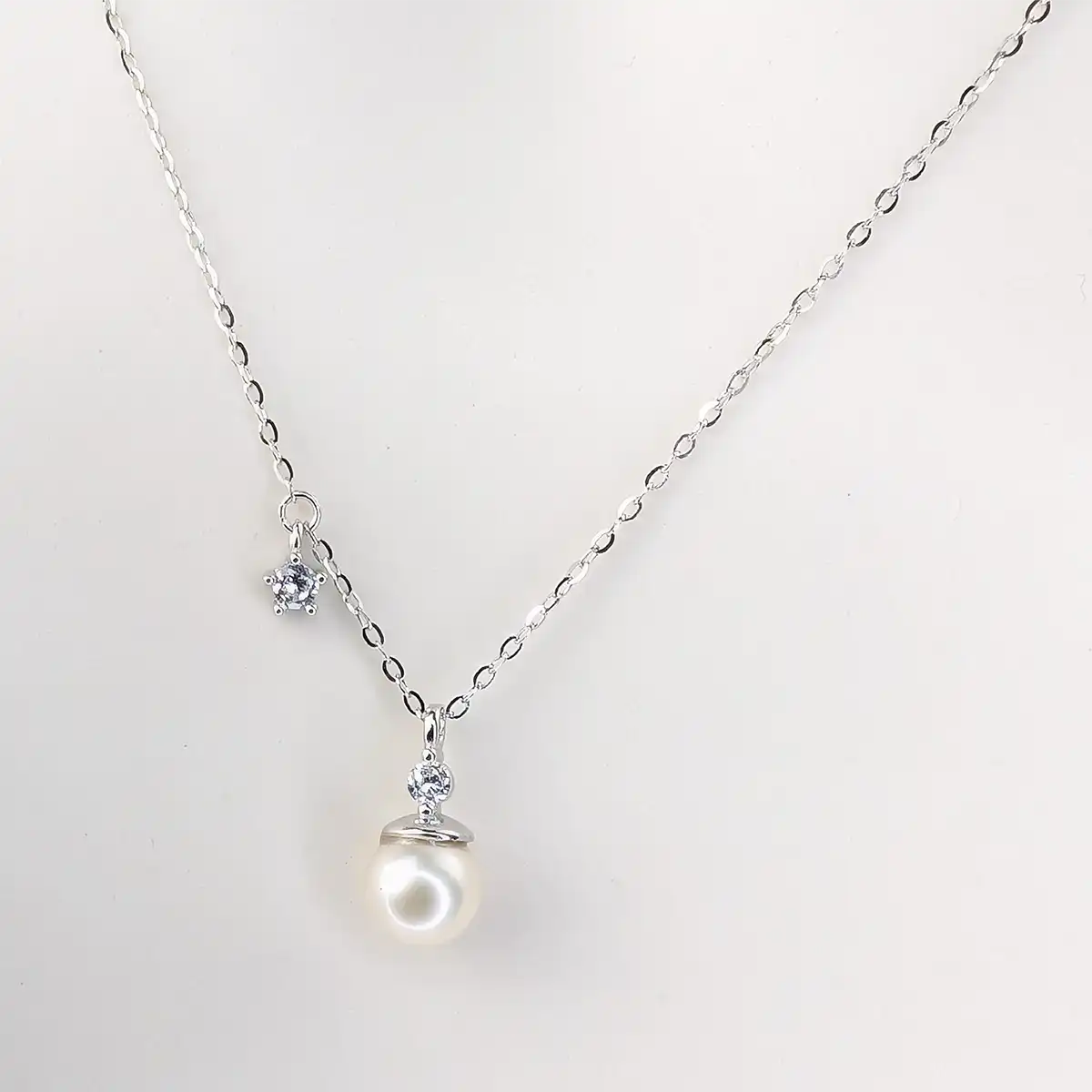 Single Pearl and CZ Silver Necklace - Image 8